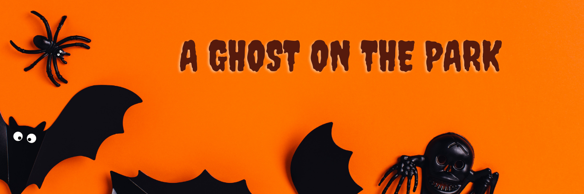 A ghost on the park (1200 x 400 px) Halloween symbols decorate title A Ghost on the Park